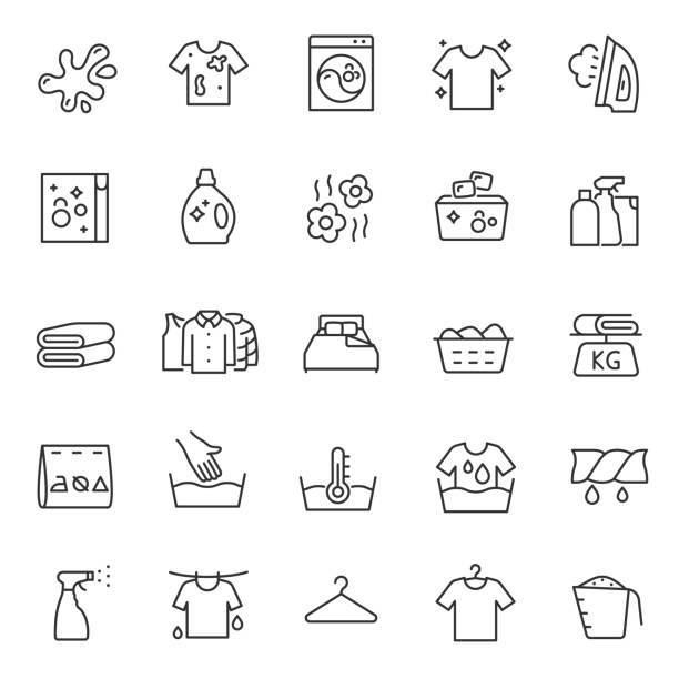 Washing clothes, laundry, linear icon set. Hand and automatic cleaning. Line with editable stroke Washing clothes, laundry, icon set. Hand and automatic cleaning, linear icons. Line with editable stroke laundry stock illustrations