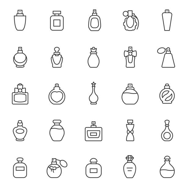 ilustraciones, imágenes clip art, dibujos animados e iconos de stock de botellas de perfume, conjunto de iconos. eau de toilette. embalaje de varias formas, iconos lineales. trazo editable - perfumado