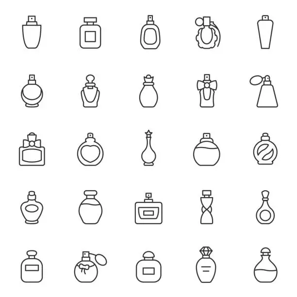Vector illustration of Perfume bottles, icon set. Eau de toilette. Packaging of various shapes, linear icons. Editable stroke