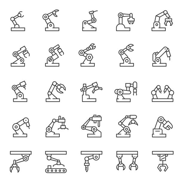 Industrial robot, icon set. Mechanical hydraulic robotic arm for manufacturing, linear icons. Editable stroke Industrial robot, icon set. Mechanical hydraulic robotic arm for manufacturing, linear icons. Line with editable stroke robot icons stock illustrations