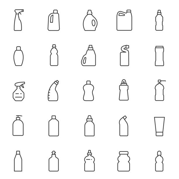 ilustraciones, imágenes clip art, dibujos animados e iconos de stock de detergentes en diferentes paquetes, conjunto de iconos lineales. productos químicos domésticos para la limpieza y desinfección. trazo editable - bottle