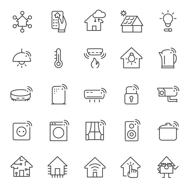 Smart house, icon set. Home automation system and household appliances, linear icons. Editable stroke Smart house, icon set. Home automation system and household appliances, linear icons. Line with editable stroke home automation stock illustrations