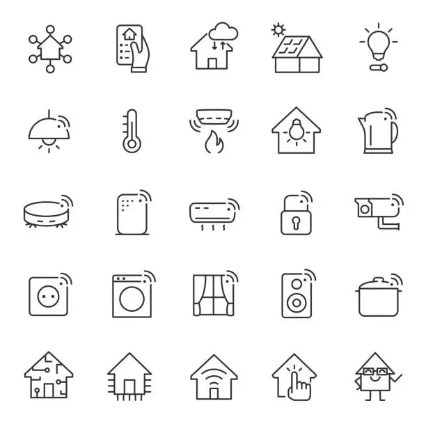Vector illustration of Smart house, icon set. Home automation system and household appliances, linear icons. Editable stroke