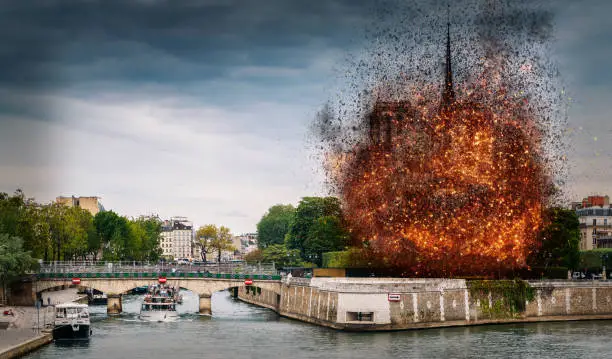 Photo of Digital concept of early stages of Notre Dame Cathedral fire, which occured on April 15, 2019 in Paris, France