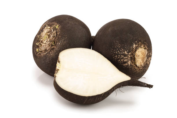 istock Black radish with half isolated on white background 1143543581
