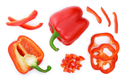 red sweet bell pepper isolated on white background. Top view. Flat lay.