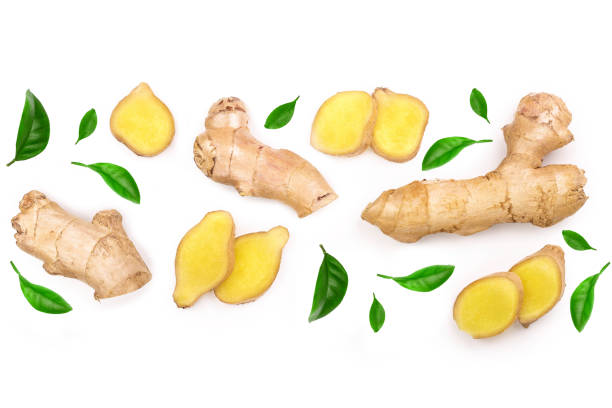 istock fresh Ginger root and slice isolated on white background with copy space for your text. Top view. Flat lay 1143543620