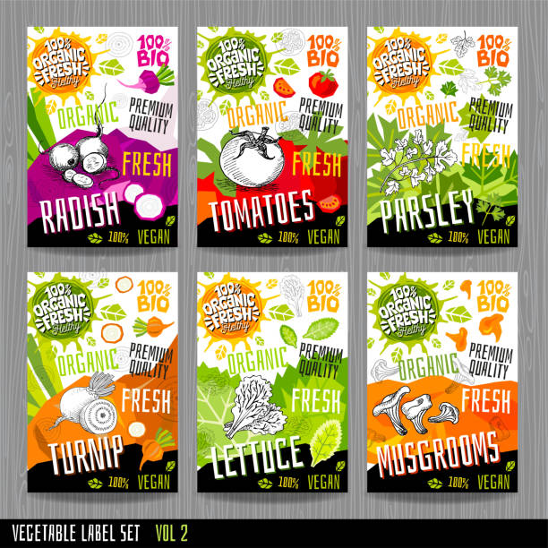 illustrazioni stock, clip art, cartoni animati e icone di tendenza di etichette alimentari set adesivi collezione etichette vegetali spezie imballaggio design. - organic spice