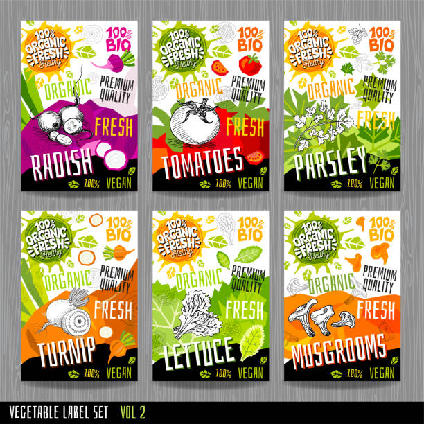 Food label set stickers collection vegetable labels spices package design. Food label set stickers collection vegetable labels spices package design. Tomatoes, radish, parsley, lettuce turnip, mushrooms chanterelles. Organic, fresh, bio, eco. Hand drawn vector illustration organic spice stock illustrations