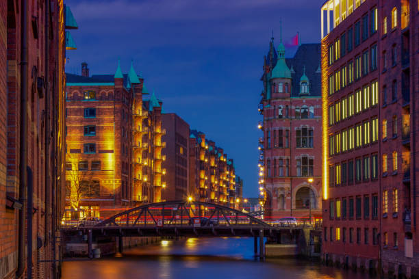 istock Speicherstadt in Hamburg during blue hour at dusk 1143545536