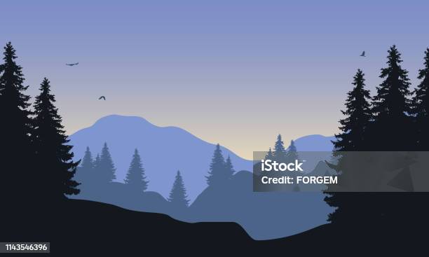 Realistic Illustration Of Mountain Landscape With Forest Under Blue Sky With Flying Birds And Rising Sun Vector Stock Illustration - Download Image Now