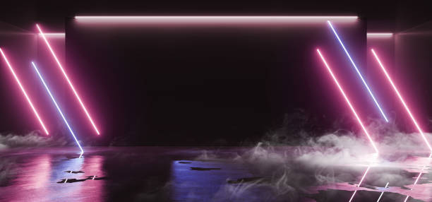 istock Smoke Tilted Line Shaped Neon Glowing Fluorescent Vibrant Purple Pink Blue Empty Stage Studio Club Dance Lights Room Reflections Elegant Sci Fi Futuristic Hall Ultraviolet 3D Rendering 1143547604
