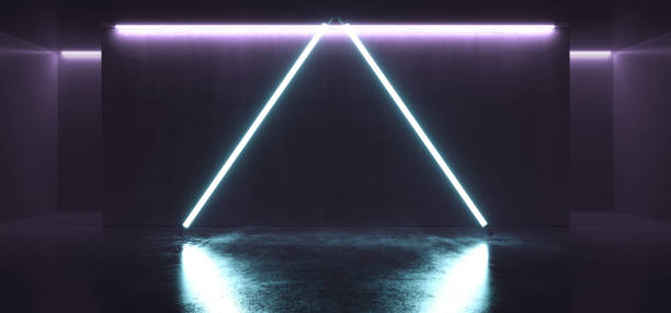 istock Triangle Shaped Neon Glowing Fluorescent Vibrant Purple Pink Blue Empty Stage Studio Club Dance Lights Room Reflections Elegant Sci Fi Futuristic Hall Ultraviolet 3D Rendering 1143547734