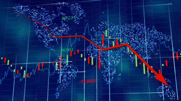 Blue hi-tech background - stock diagrams with falling arrow. World map behind digits, line and tables. Data wallpaper. 3D rendering.