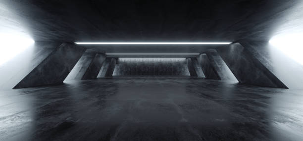 istock Sci Fi Modern Concrete Cement Dark Empty Asphalt Reflective Grunge Hall Room Corridor Tunnel Spaceship Glowing White Cinematic Daylight Rays Glow 3d Rendering 1143547832