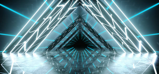istock Bright Triangle Laser Neon Modern Futuristic Sci-Fi Alien Ship Tunnel With White And Blue Glowing Abstract Shape Lights And Reflective Surface With Black End And Empty Space 3D Rendering 1143547844