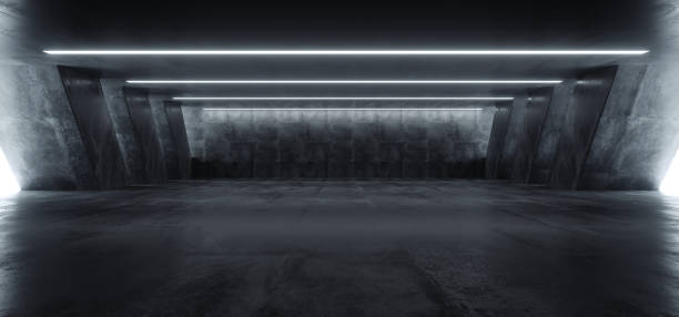 istock Sci Fi Modern Concrete Cement Dark Empty Asphalt Reflective Grunge Hall Room Corridor Tunnel Spaceship Glowing White Cinematic Daylight Rays Glow 3d Rendering 1143547890
