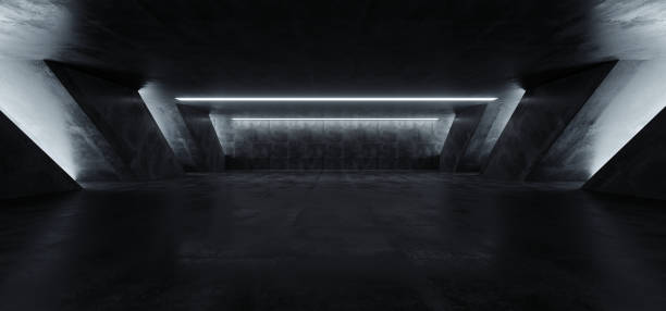 istock Sci Fi Modern Concrete Cement Dark Empty Asphalt Reflective Grunge Hall Room Corridor Tunnel Spaceship Glowing White Cinematic Daylight Rays Glow 3d Rendering 1143547896