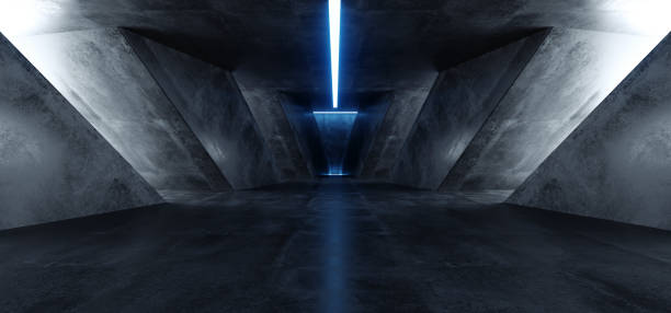 istock Neon Laser Blue Sci Fi Modern Concrete Cement Dark Empty Asphalt Reflective Grunge Hall Room Corridor Tunnel Spaceship Glowing White Cinematic Daylight Rays Glow 3d Rendering 1143547906