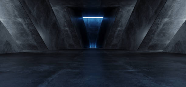 istock Neon Laser Blue Sci Fi Modern Concrete Cement Dark Empty Asphalt Reflective Grunge Hall Room Corridor Tunnel Spaceship Glowing White Cinematic Daylight Rays Glow 3d Rendering 1143547934