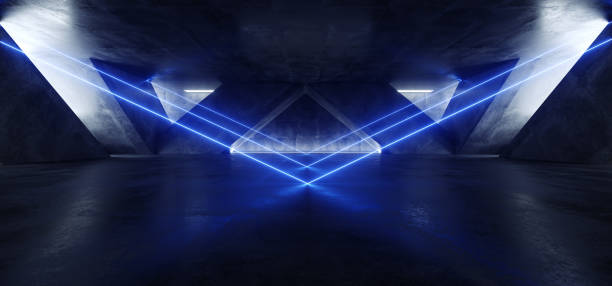 istock Triangle Neon Laser Blue Sci Fi Modern Concrete Cement Dark Empty Asphalt Reflective Grunge Hall Room Corridor Tunnel Spaceship Glowing White Cinematic Daylight Rays Glow 3d Rendering 1143547950