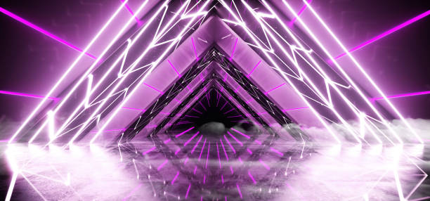istock Smoke Bright Triangle Laser Neon Modern Futuristic Sci-Fi Alien Ship Tunnel With White And Purple Violet Glowing Abstract Shape Lights And Reflective Surface With Black End And Empty Space 3D Rendering 1143547966