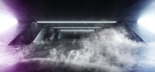 istock Neon Purple Blue Smoke Steam Fog Sci Fi Modern Concrete Cement Dark Empty Asphalt Reflective Grunge Hall Room Corridor Tunnel Spaceship Glowing White Cinematic Daylight Rays Glow 3d Rendering 1143548247