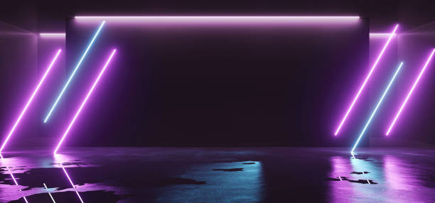 istock Tilted Line Shaped Neon Glowing Fluorescent Vibrant Purple Pink Blue Empty Stage Studio Club Dance Lights Room Reflections Elegant Sci Fi Futuristic Hall Ultraviolet 3D Rendering 1143548262