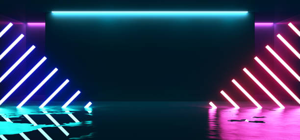 istock Tilted Line Shaped Neon Glowing Fluorescent Vibrant Purple Pink Blue Empty Stage Studio Club Dance Lights Room Reflections Elegant Sci Fi Futuristic Hall Ultraviolet 3D Rendering 1143548269