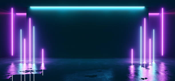 istock Line Shaped Neon Glowing Fluorescent Vibrant Purple Pink Blue Empty Stage Studio Club Dance Lights Room Reflections Elegant Sci Fi Futuristic Hall Ultraviolet 3D Rendering 1143548274