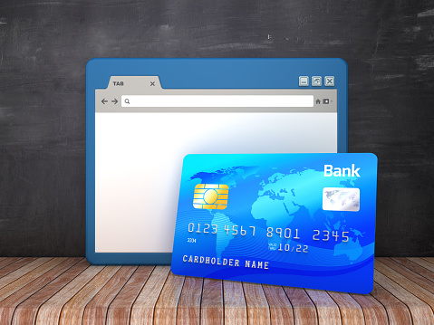 Web Browser with Credit Card on Chalkboard Background  - 3D Rendering