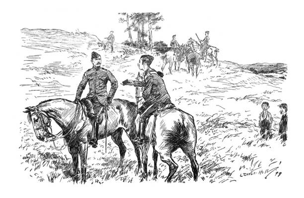 istock British satire comic cartoon illustrations - Army reserve men on horses - illustration 1143551752