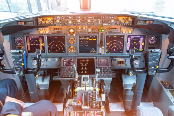 istock Cockpit in the plane, view of the control panel and steering wheels. 1143551787