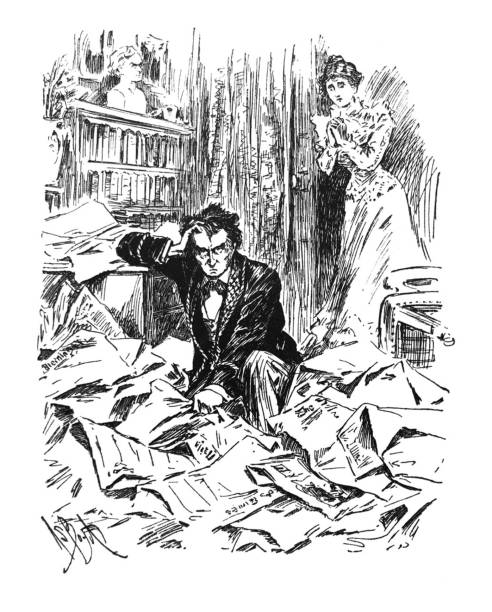 British satire comic cartoon illustrations - Distraught man sitting in pile of newspapers  - illustration From Punch's Almanack 1899. punch puppet stock illustrations