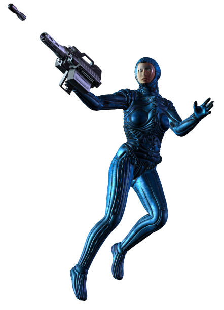 Woman astronaut fighting, armed with a Rocket Launcher, 3d illustration