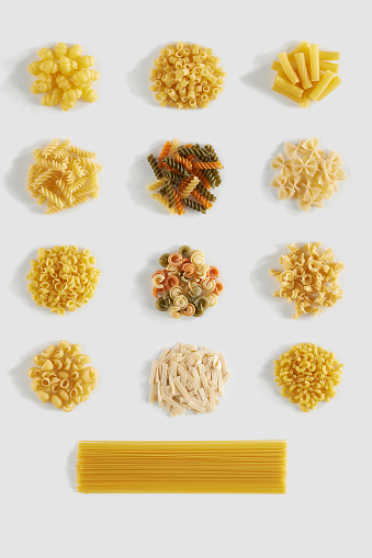 Raw Pasta types on white background