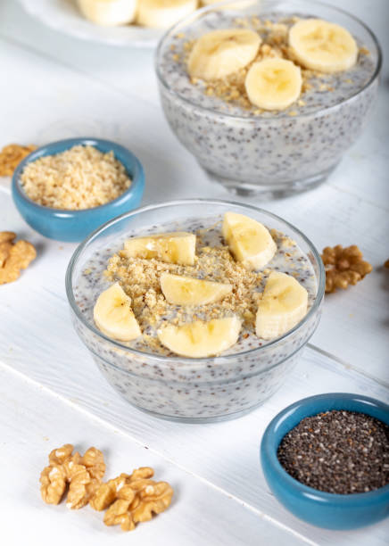 istock Chia pudding made with milk, banana and decorated walnut 1143553531