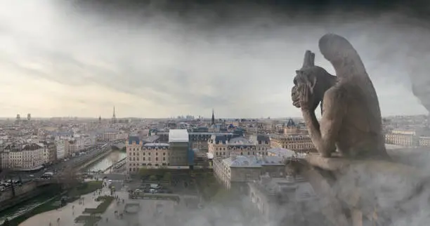 Photo of Fire smoke around a gargoyle on Notre Dame cathedral in Paris, France