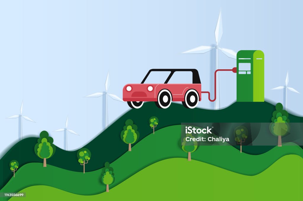 Earth Day paper cut style. Electric car charging at the charger station in nature. Earth Day paper cut style. Electric car charging at the charger station in nature. Paper art Vector Illustration. Electric Car stock illustration