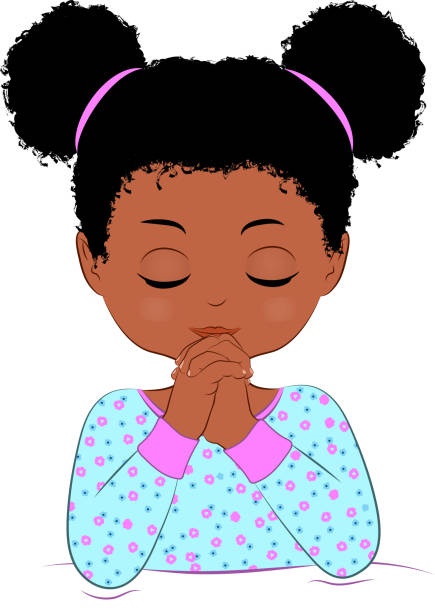 Child Praying Girl praying before she goes to bed, illustration, cute, big hair, dressed in her pajamas. church clipart stock illustrations