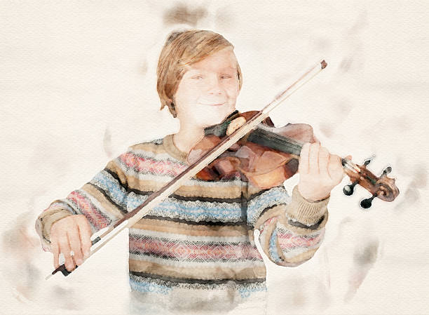 istock young blonde boy playing the violin in watercolors 1143563643