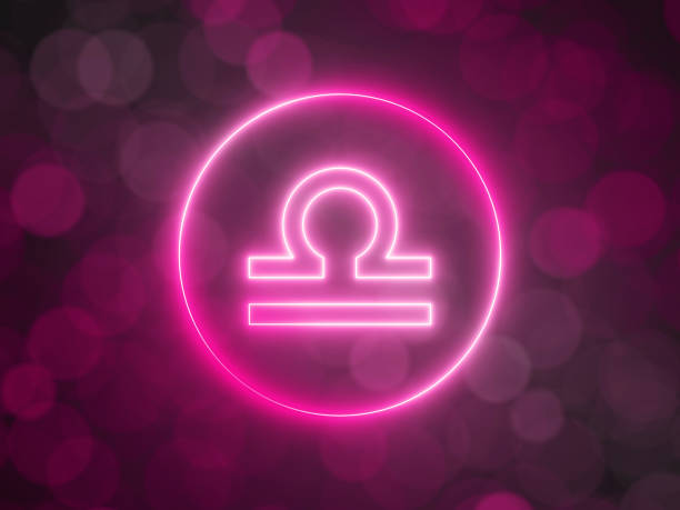 glowing neon sign of Libra with blurred bokeh background. suitable for zodiac, fate, religion, light and energy themes. 3d illustration