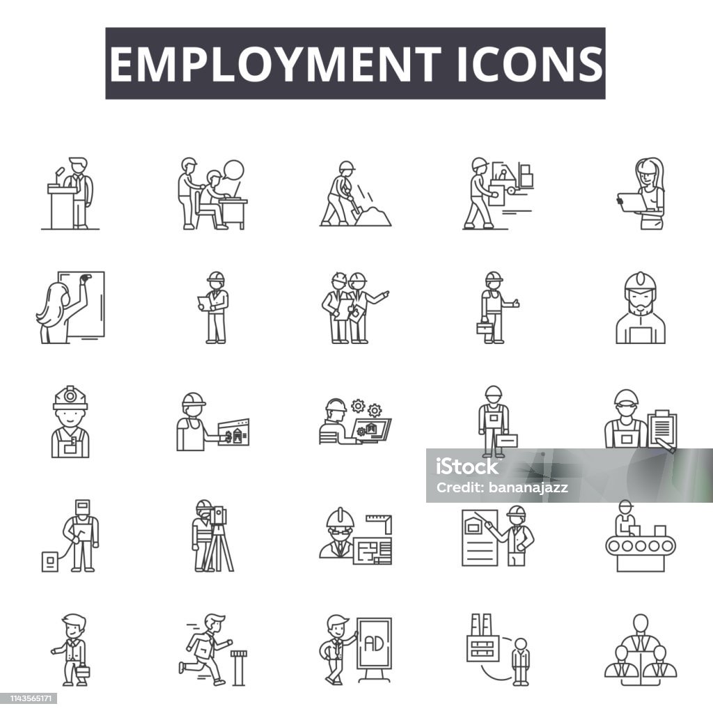 Iconos de línea de empleo, signos fijados, Vector. Concepto de empleo esquema, Ilustración: empleo, trabajo, negocios, reclutamiento, personas, gestión, contrato - arte vectorial de Adulto libre de derechos