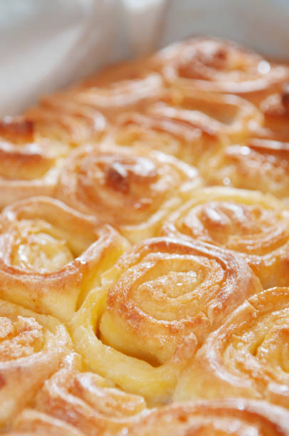 Freshly baked sweet cinnamon rolls in a baking pan. Breakfast, pastry and baking concepts