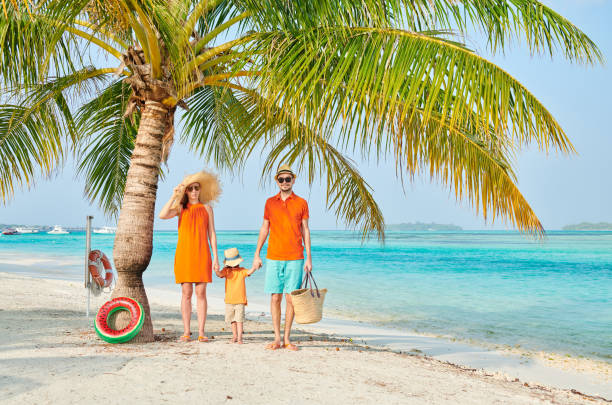 istock Family of three on beach under palm tree 1143565578