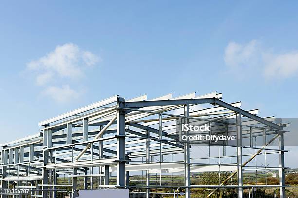 Structural Steelwork For New Industrial Building Against Blue Sky Stock Photo - Download Image Now