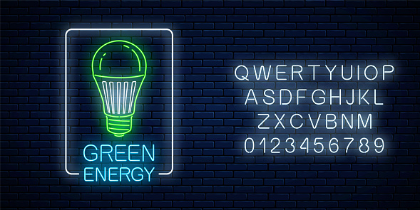 Glowing neon sign of green led light bulb with energy conversation text in rectangle frame with alphabet on dark brick wall background. Eco energy concept symbol. Vector illustration.