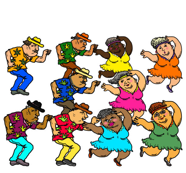 Active Senior People Dancing One group of happy active retired senior adults men and women dancing togetherness. line dance stock illustrations