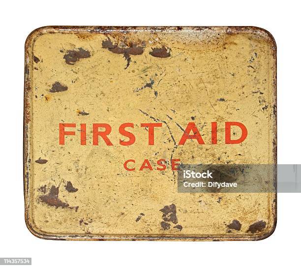 Worn And Dented Old First Aid Tin Front Stock Photo - Download Image Now - Can, Rusty, Tin