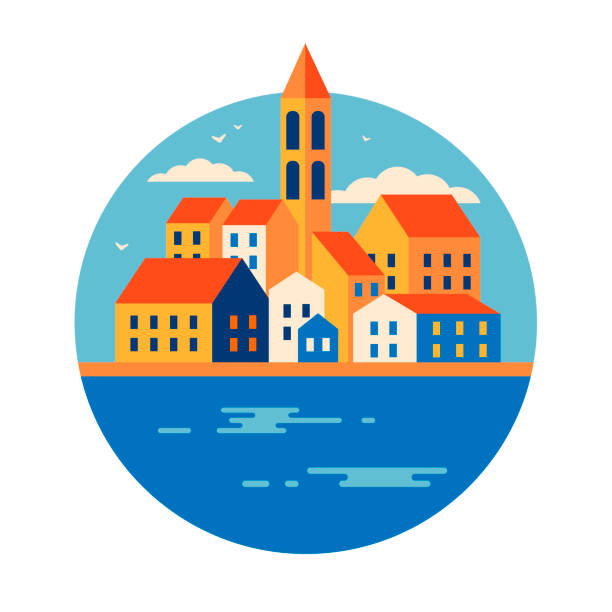 Mediterranean city vector illustration Mediterranean city vector illustration. Ancient coastal town with medieval architecture, red roofs and Venetian bell tower. Italy, Slovenia, Croatia, Malta, Montenegro. Round image. budva stock illustrations